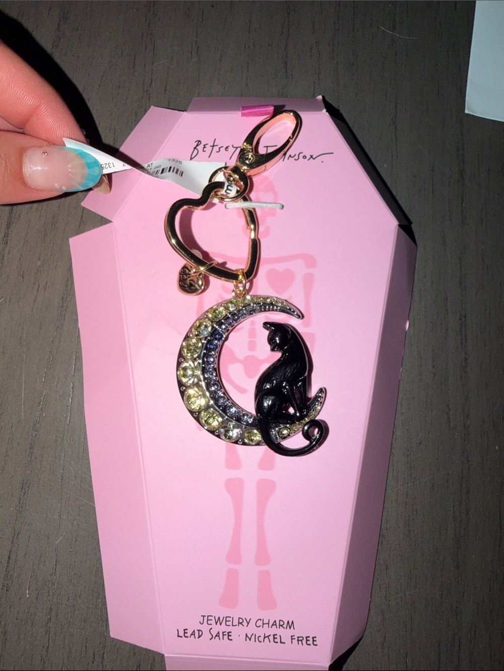 Betsey Johnson Black Cat Moon Bag Charm with Yellow & Blue Gems